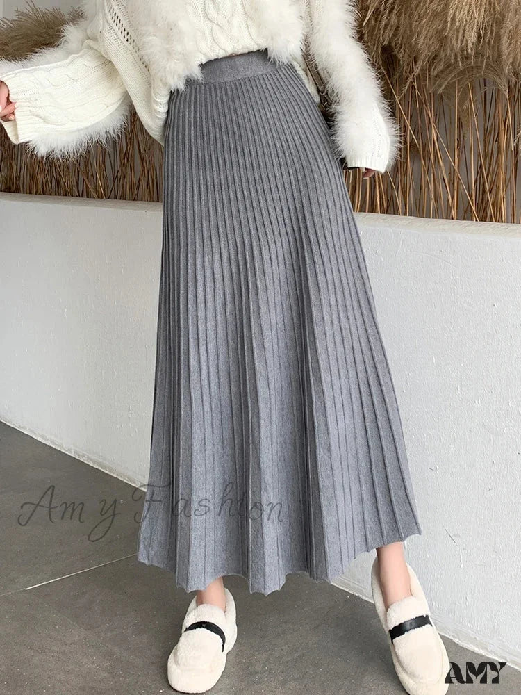 Knitted Long Maxi Casual Solid Thick Warm A-Line High Waist Ankle Length Skirt