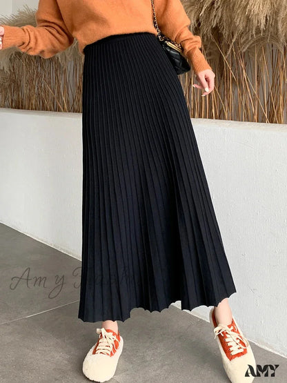 Knitted Long Maxi Casual Solid Thick Warm A-Line High Waist Ankle Length Skirt