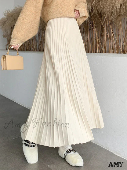 Knitted Long Maxi Casual Solid Thick Warm A-Line High Waist Ankle Length Skirt Apricot / One Size