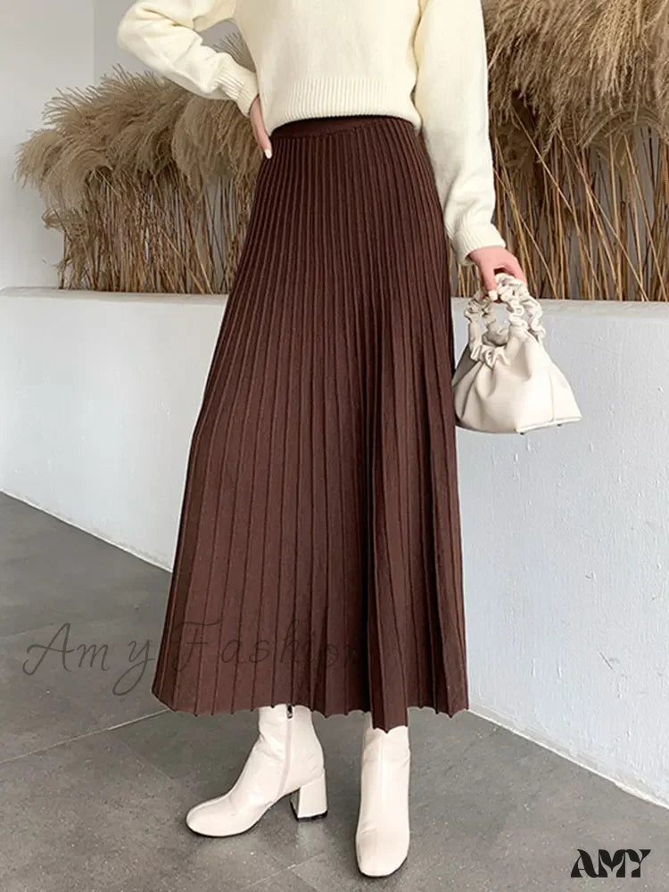 Knitted Long Maxi Casual Solid Thick Warm A-Line High Waist Ankle Length Skirt Brown / One Size