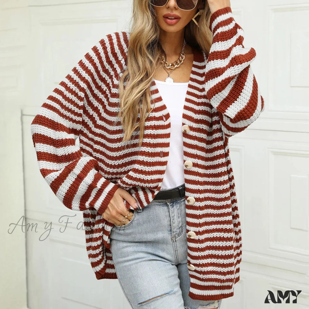 Knitted Long Sleeve Cardigan Christmas Sweater - Autumn Winter Warm Casual Brown / S