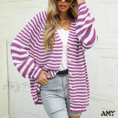 Knitted Long Sleeve Cardigan Christmas Sweater - Autumn Winter Warm Casual Purple / S