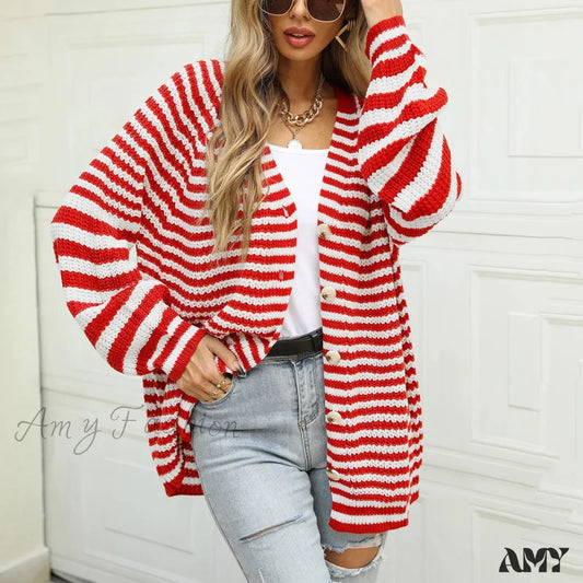 Knitted Long Sleeve Cardigan Christmas Sweater - Autumn Winter Warm Casual Red / S