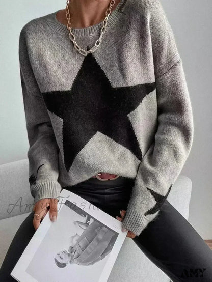 Knitted Loose Casual O-Neck Star Thick Elegant Winter Sweater