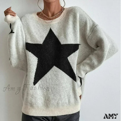 Knitted Loose Casual O-Neck Star Thick Elegant Winter Sweater Apricot / S