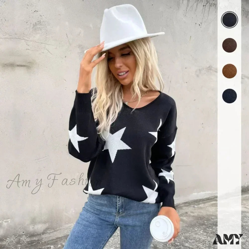 Knitted Loose Casual O-Neck Star Thick Elegant Winter Sweater Black / S