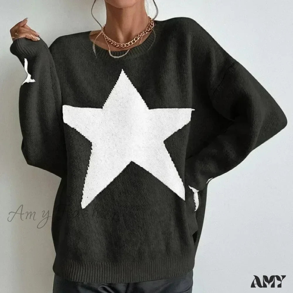 Knitted Loose Casual O-Neck Star Thick Elegant Winter Sweater Black / S