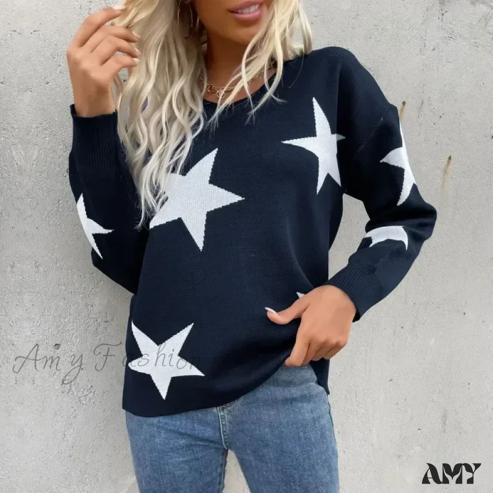 Knitted Loose Casual O-Neck Star Thick Elegant Winter Sweater Blue / S