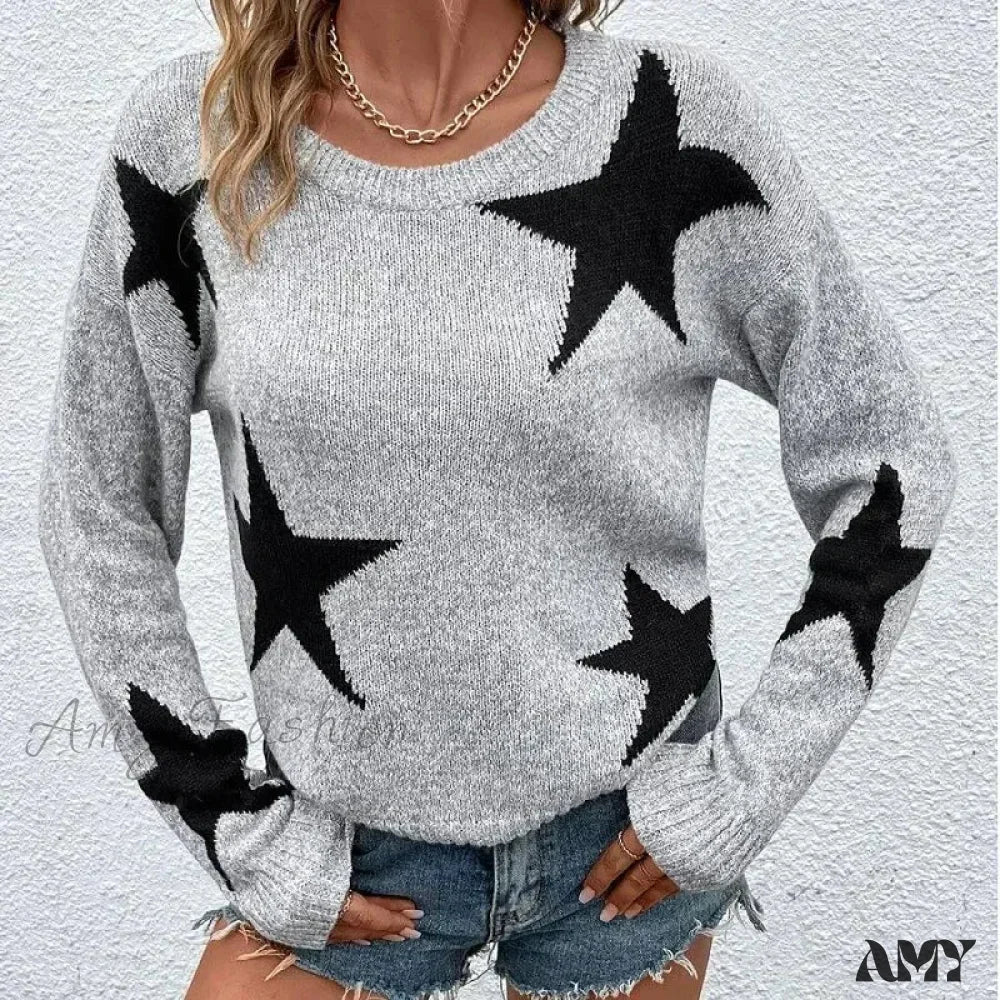 Knitted Loose Casual O-Neck Star Thick Elegant Winter Sweater Gray / S