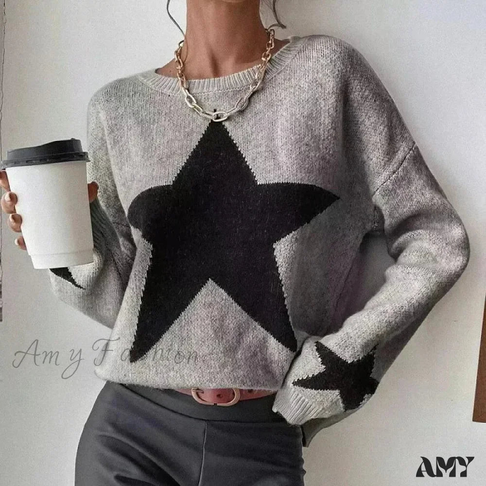 Knitted Loose Casual O-Neck Star Thick Elegant Winter Sweater Grey / S