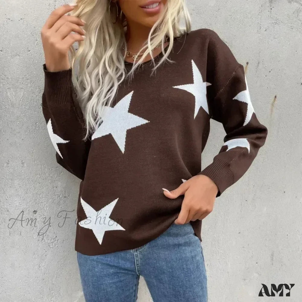 Knitted Loose Casual O-Neck Star Thick Elegant Winter Sweater Khakai / S