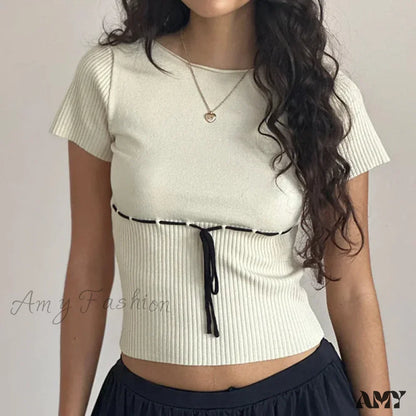 Knitted Patchwork Round Neck Short Sleeve Aesthetic Summer Streetwear Crop Top