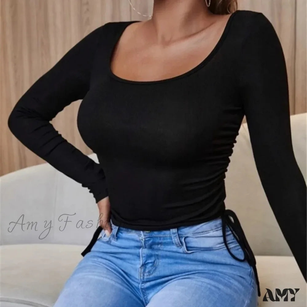 Knitted Slim Soild Round Neck Chic Long Sleeve Streetwear Crop Top