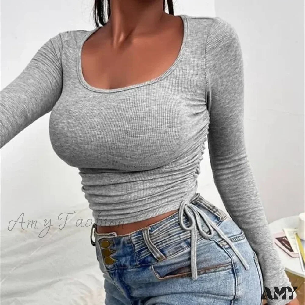 Knitted Slim Soild Round Neck Chic Long Sleeve Streetwear Crop Top