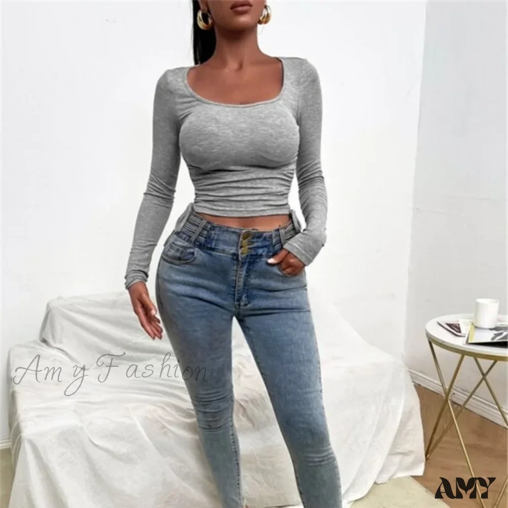 Knitted Slim Soild Round Neck Chic Long Sleeve Streetwear Crop Top