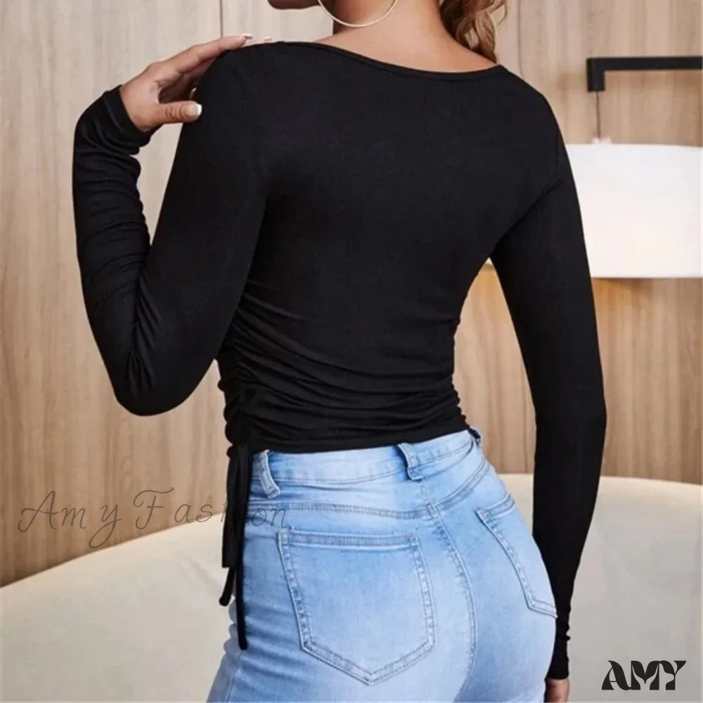 Knitted Slim Soild Round Neck Chic Long Sleeve Streetwear Crop Top