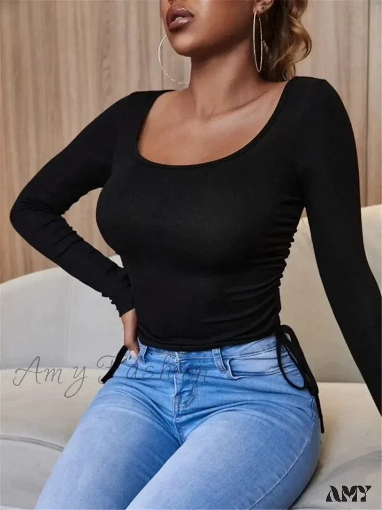 Knitted Slim Soild Round Neck Chic Long Sleeve Streetwear Crop Top Black / S