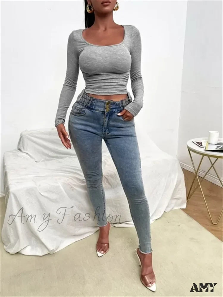 Knitted Slim Soild Round Neck Chic Long Sleeve Streetwear Crop Top Gray / S