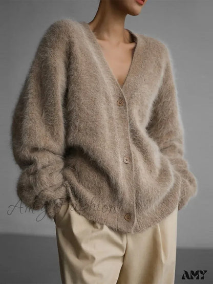 Knitted Thick Cashmere Wool Chic V Neck Single Breasted Long Sleeve Sweater