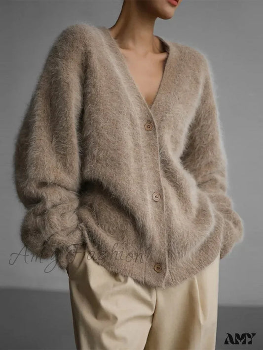 Knitted Thick Cashmere Wool Chic V Neck Single Breasted Long Sleeve Sweater