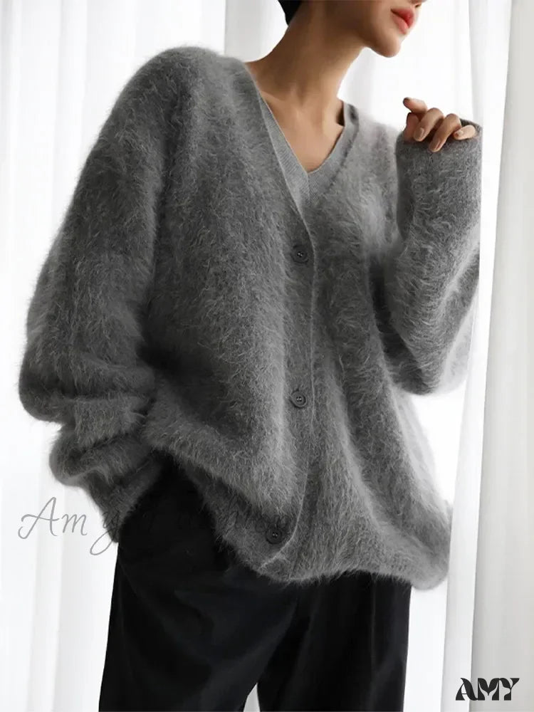 Knitted Thick Cashmere Wool Chic V Neck Single Breasted Long Sleeve Sweater Dark Gray / S