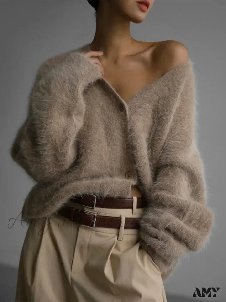 Knitted Thick Cashmere Wool Chic V Neck Single Breasted Long Sleeve Sweater Khaki / S