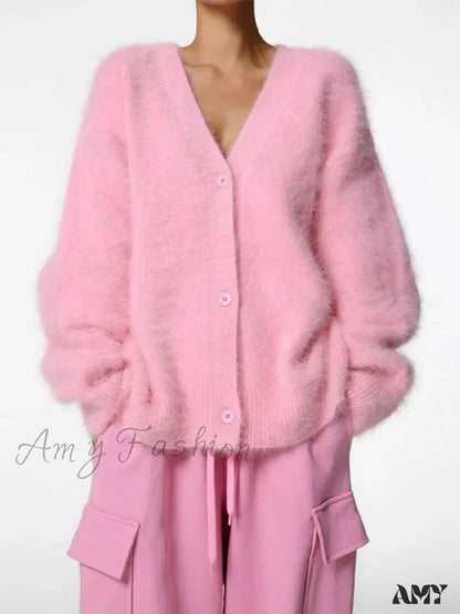 Knitted Thick Cashmere Wool Chic V Neck Single Breasted Long Sleeve Sweater Pink / S