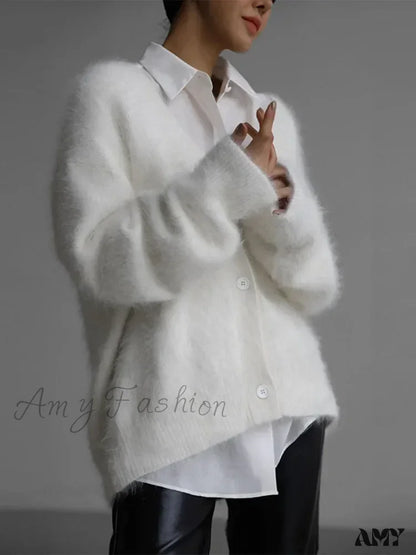 Knitted Thick Cashmere Wool Chic V Neck Single Breasted Long Sleeve Sweater White / S