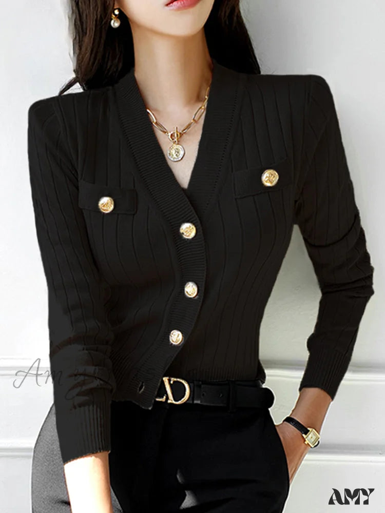 Korean Chic V-Neck Knitted Casual Basic Long Sleeve Vintage Sweater