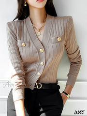 Korean Chic V-Neck Knitted Casual Basic Long Sleeve Vintage Sweater