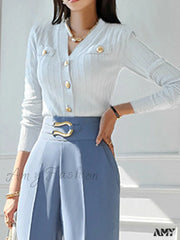 Korean Chic V-Neck Knitted Casual Basic Long Sleeve Vintage Sweater