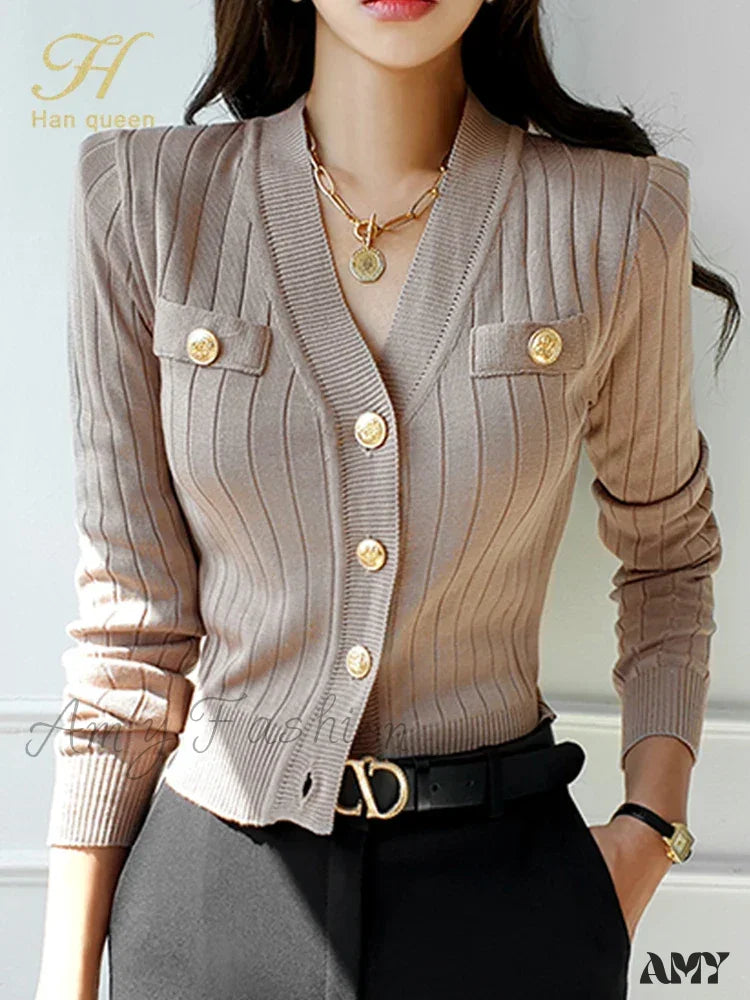 Korean Chic V-Neck Knitted Casual Basic Long Sleeve Vintage Sweater Khaki / One Size