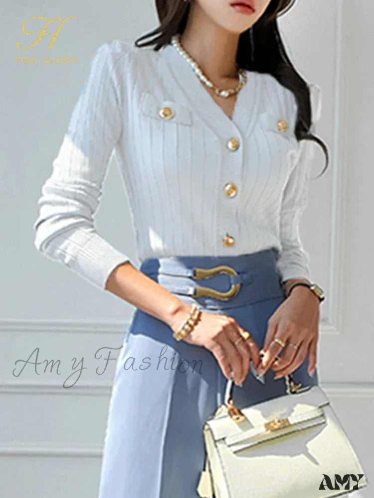 Korean Chic V-Neck Knitted Casual Basic Long Sleeve Vintage Sweater White / One Size