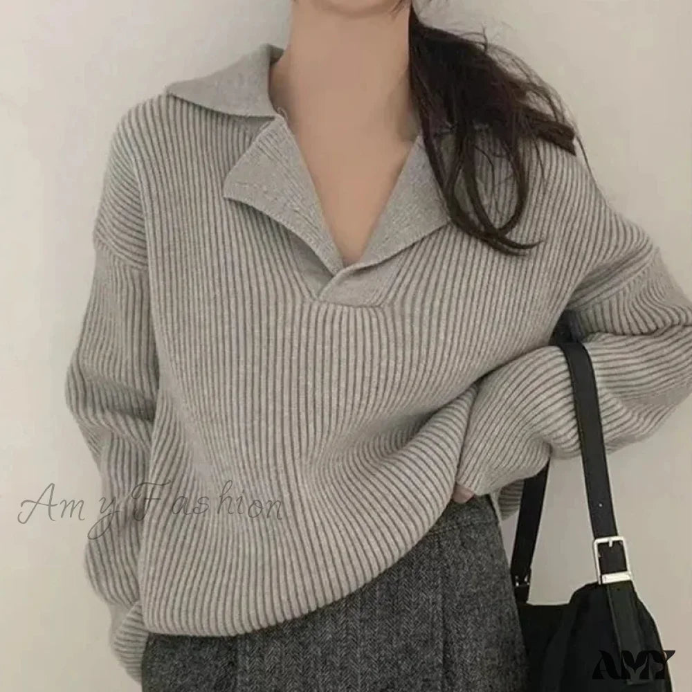 Korean Fashion Loose V Neck Long Sleeve All Match Warm Sweater