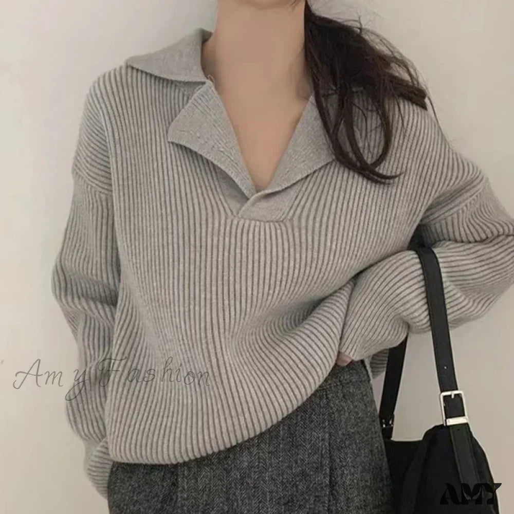 Korean Fashion Loose V Neck Long Sleeve All Match Warm Sweater Gray / S