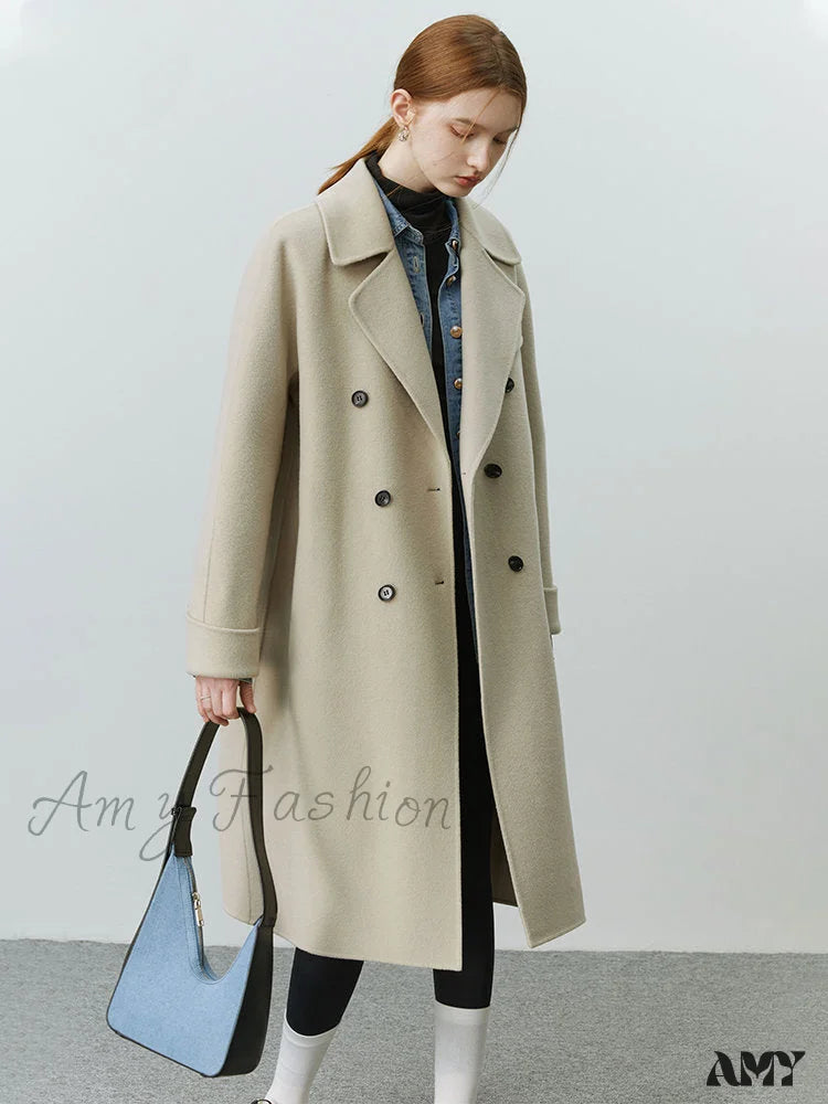 Korean Full Woolen Long Autumn Winter Hepburn Double-Sided Special Color Gentle Wind Coat