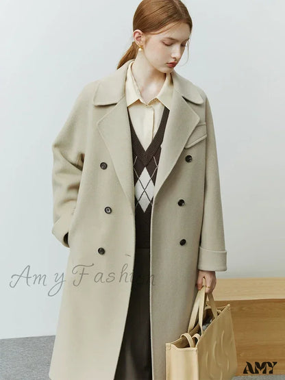 Korean Full Woolen Long Autumn Winter Hepburn Double-Sided Special Color Gentle Wind Coat Apricot /