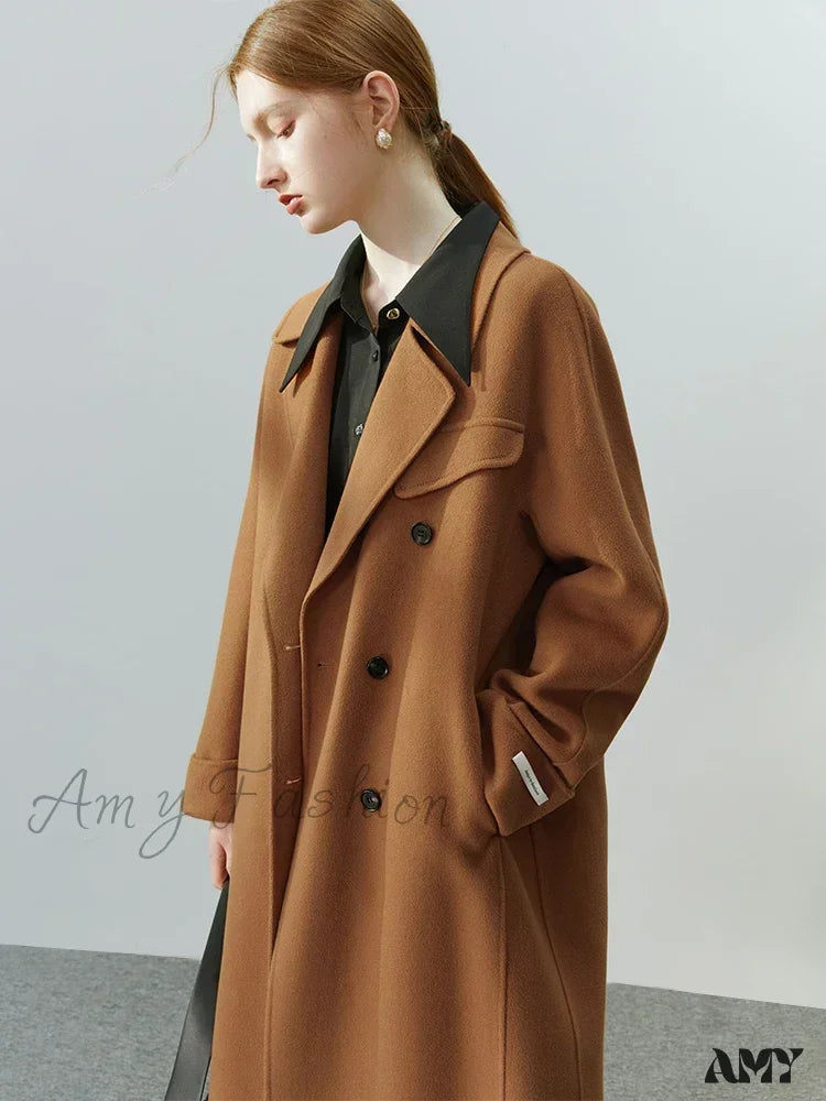 Korean Full Woolen Long Autumn Winter Hepburn Double-Sided Special Color Gentle Wind Coat Brown / S