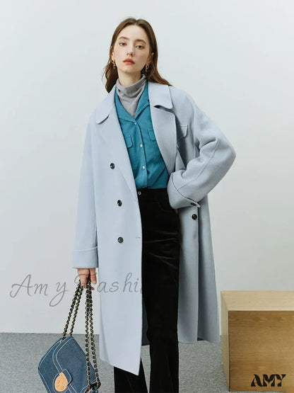 Korean Full Woolen Long Autumn Winter Hepburn Double-Sided Special Color Gentle Wind Coat Sky Blue