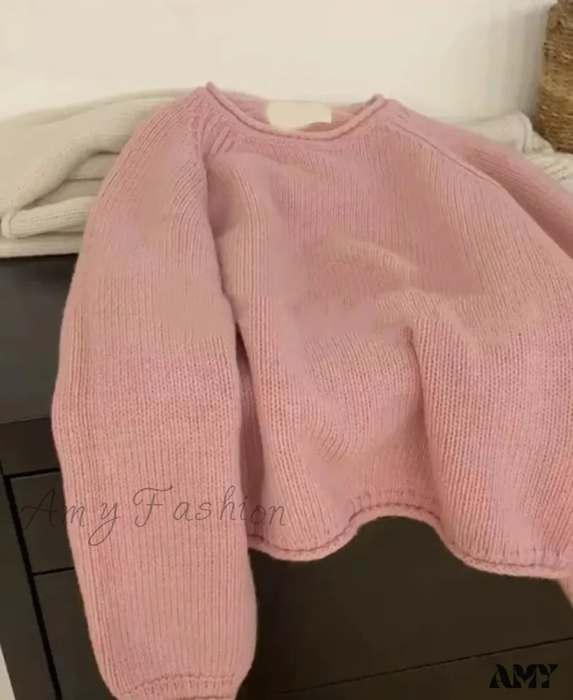 Korean Knitted Pullover Women O-Neck Jumper Long Sleeve Autumn Winter Cozy Loose Stylish Chic
