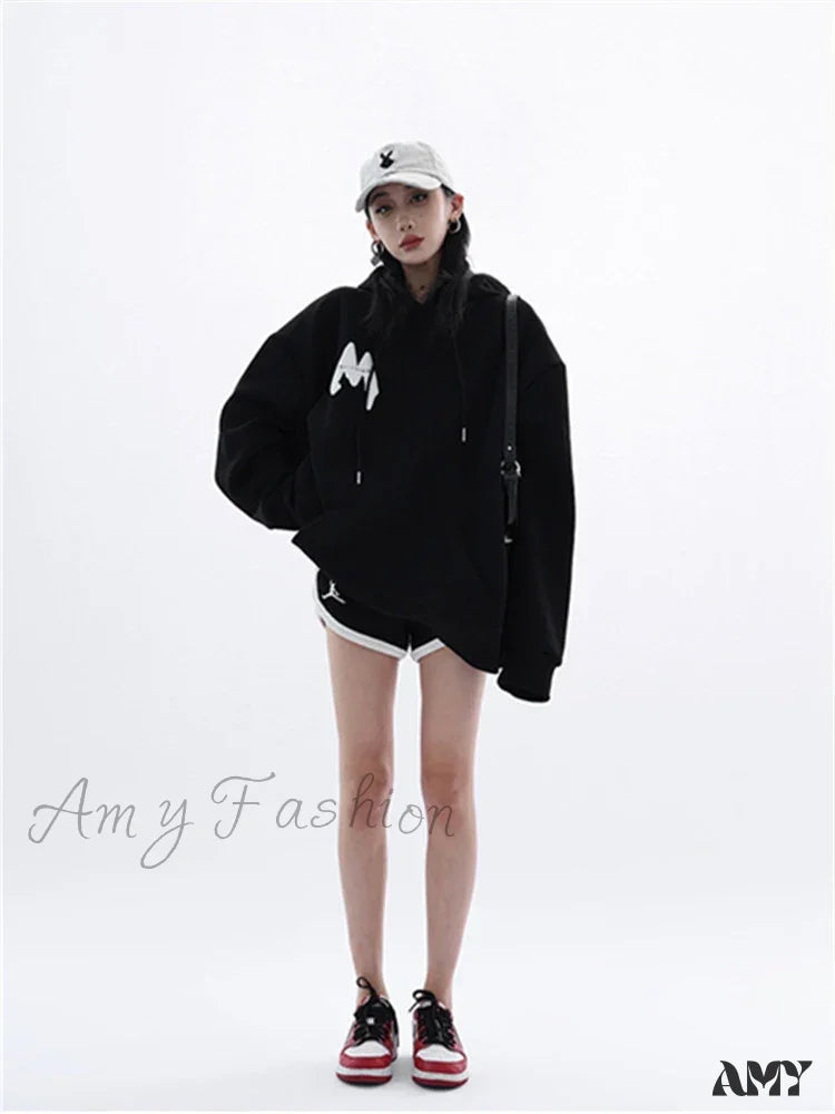 Korean Long Sleeve Hooded Niche Design Loose Casual Hoodie Black / S