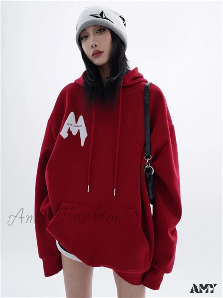 Korean Long Sleeve Hooded Niche Design Loose Casual Hoodie Red / S