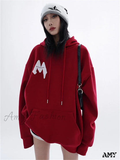 Korean Long Sleeve Hooded Niche Design Loose Casual Hoodie Red / S