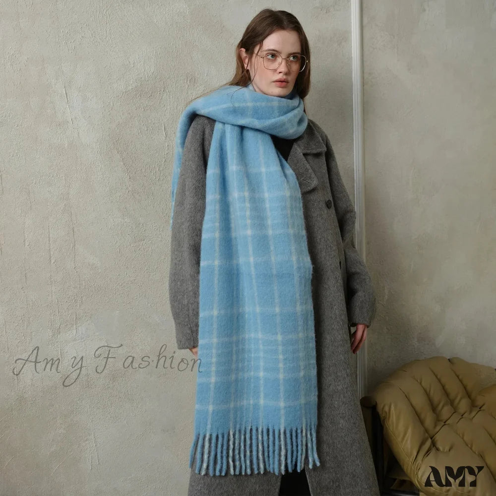 Korean Premium 30% Wool Red Plaid Tassels Mohair Warm Scarf Blue And White