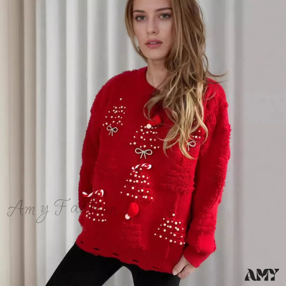 Korean Style Casual Loose Jumper With Chic Bow Christmas Sweater