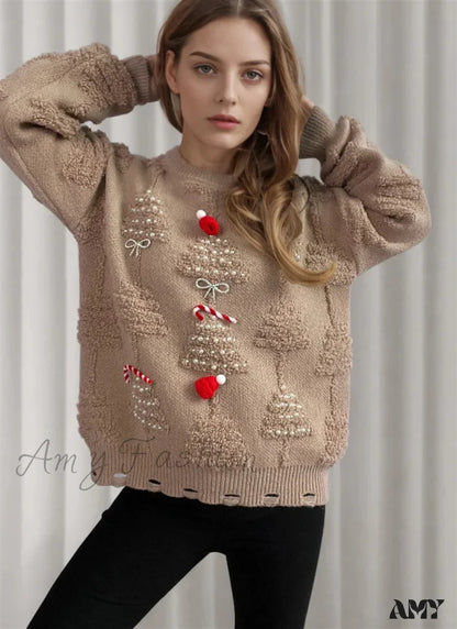 Korean Style Casual Loose Jumper With Chic Bow Christmas Sweater Khaki / S