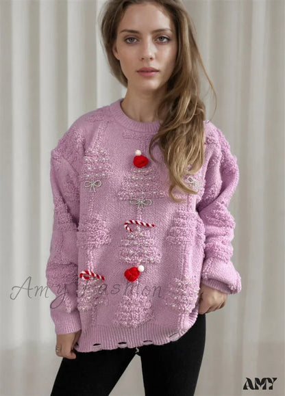 Korean Style Casual Loose Jumper With Chic Bow Christmas Sweater Light Purple / S