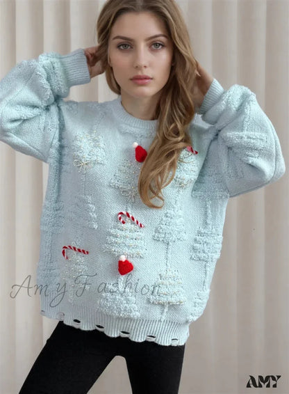 Korean Style Casual Loose Jumper With Chic Bow Christmas Sweater White / S