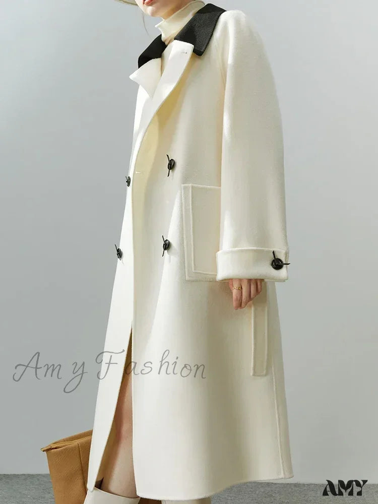 Korean Style Colorblock Lapel Double-Sided Elegant Wind Mid-Length Coat