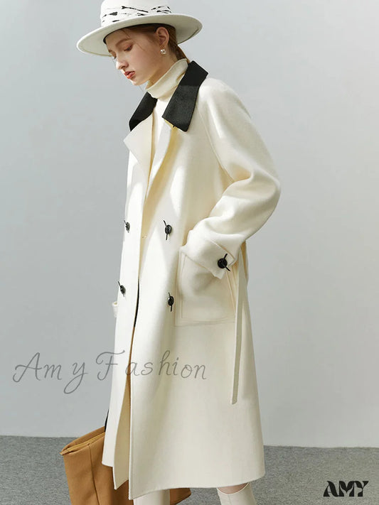 Korean Style Colorblock Lapel Double-Sided Elegant Wind Mid-Length Coat